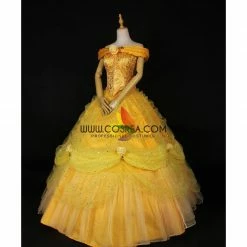 Cosrea Disney Inspired Beauty And Beast Belle Rose Gold Brocade Drape Cosplay Costume