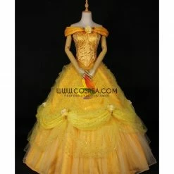Cosrea Disney Inspired Beauty And Beast Belle Rose Gold Brocade Drape Cosplay Costume