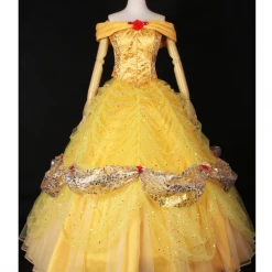 Cosrea Disney Inspired Beauty And Beast Belle Rose Gold Brocade Drape Cosplay Costume