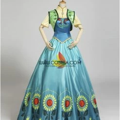 Cosrea Frozen Fever Anna Turquoise Satin Embroidered Cosplay Costume Disney Inspired