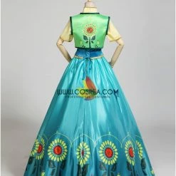 Cosrea Frozen Fever Anna Turquoise Satin Embroidered Cosplay Costume Disney Inspired