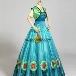 Cosrea Frozen Fever Anna Turquoise Satin Embroidered Cosplay Costume Disney Inspired