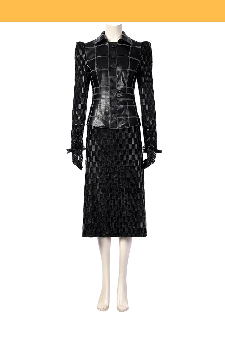 Cosrea Disney Cruella 2021 Movie Black Plaid PU Leather Cosplay Costume
