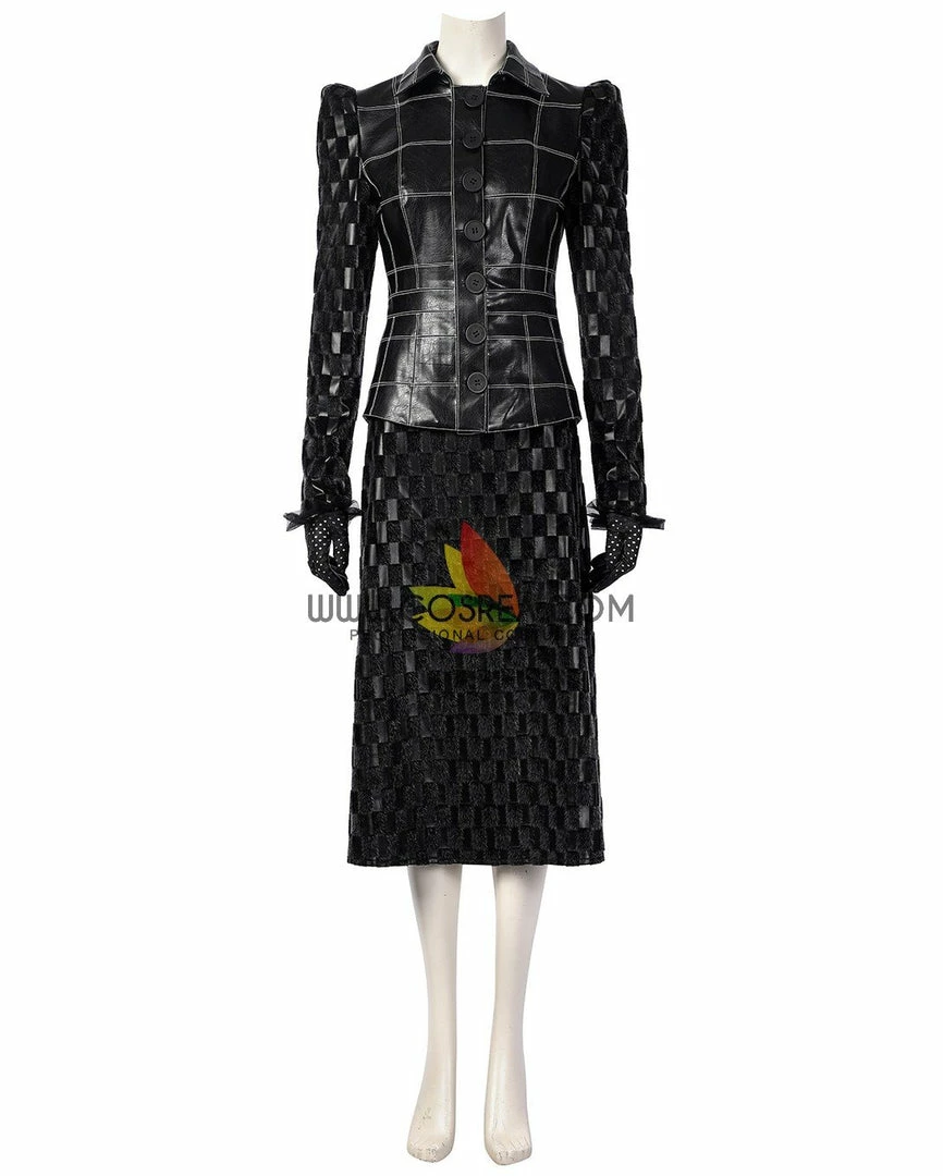 Cosrea Disney Cruella 2021 Movie Black Plaid PU Leather Cosplay Costume