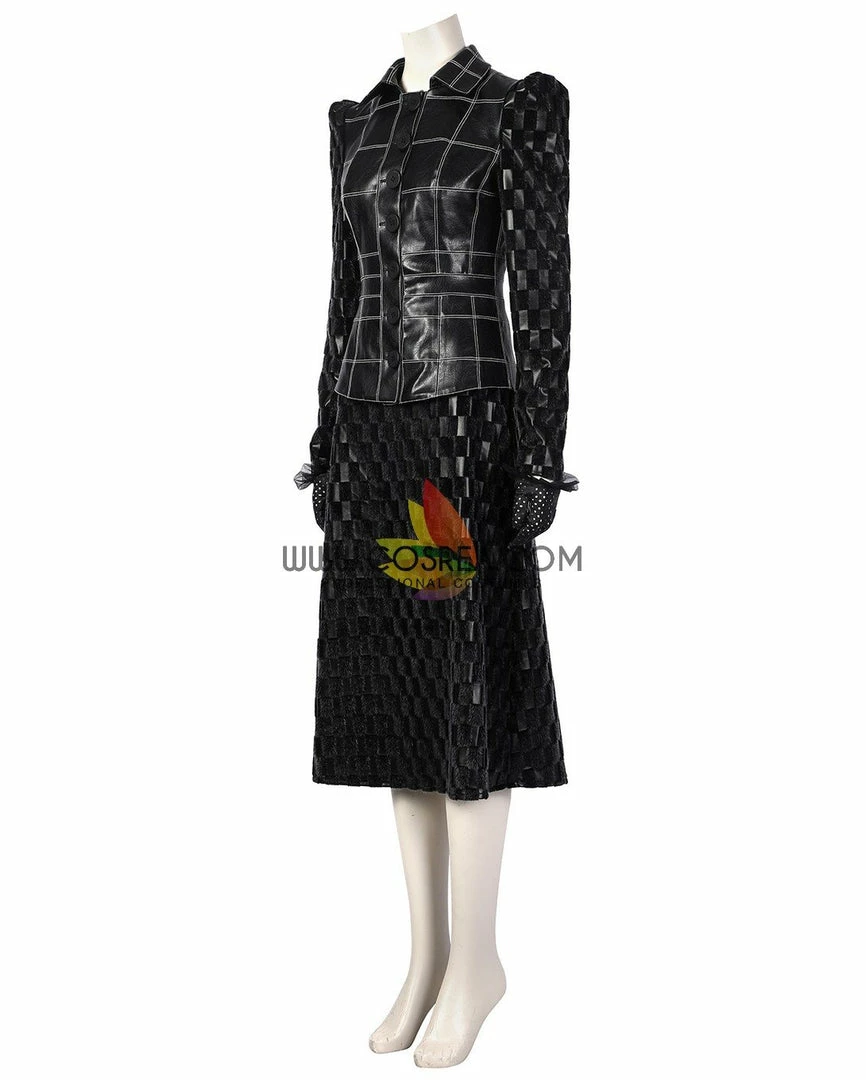 Cosrea Disney Cruella 2021 Movie Black Plaid PU Leather Cosplay Costume