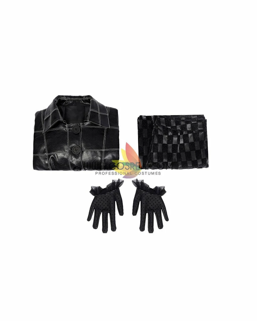 Cosrea Disney Cruella 2021 Movie Black Plaid PU Leather Cosplay Costume
